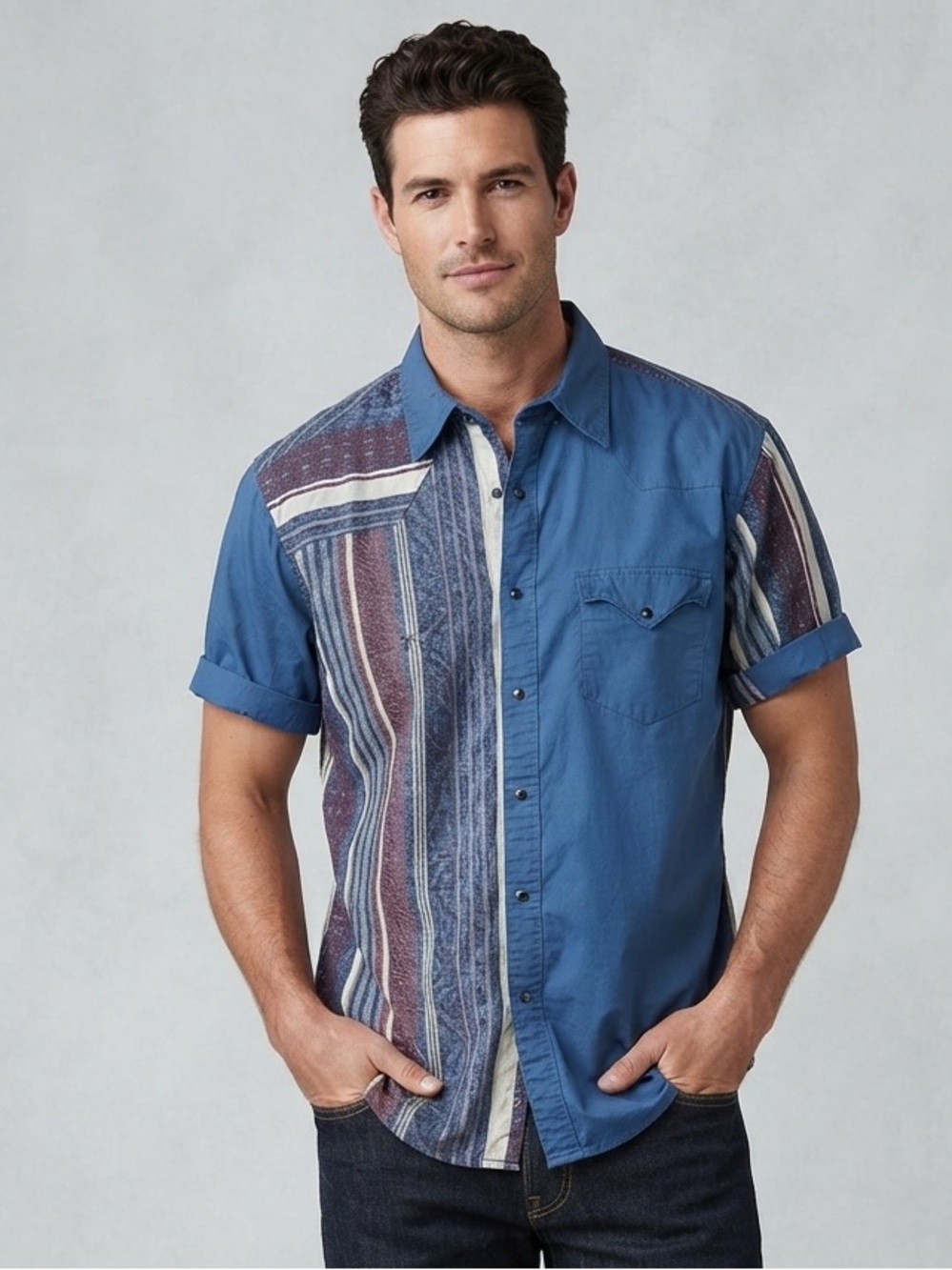 Youngbloods Men's XL Short Sleeve Button‎ Up Blue Abstract Western Cowboy Rodeo